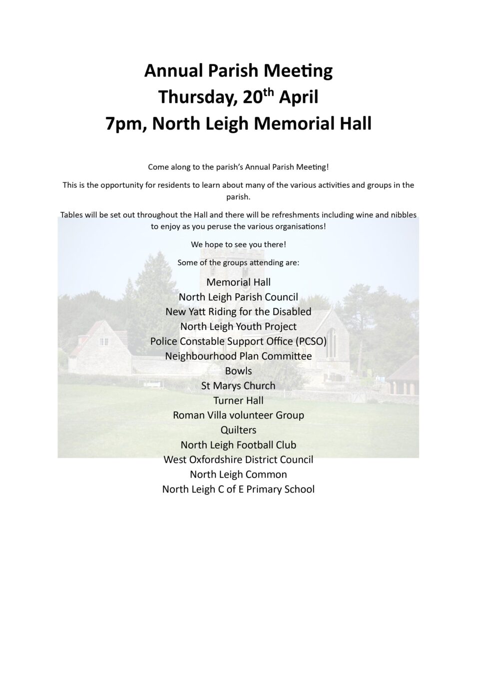 Annual Parish Meeting poster 20th April 7pm Memorial Hall