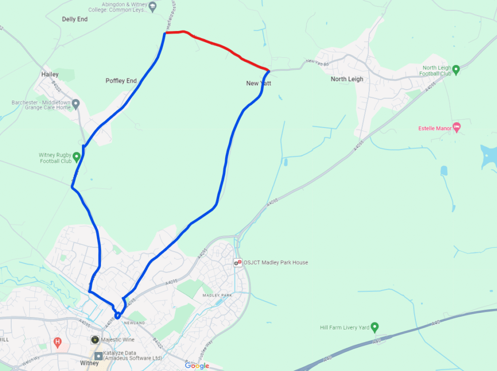 Road works map for temporary road closure of New Yatt Lane on 15th July 2024