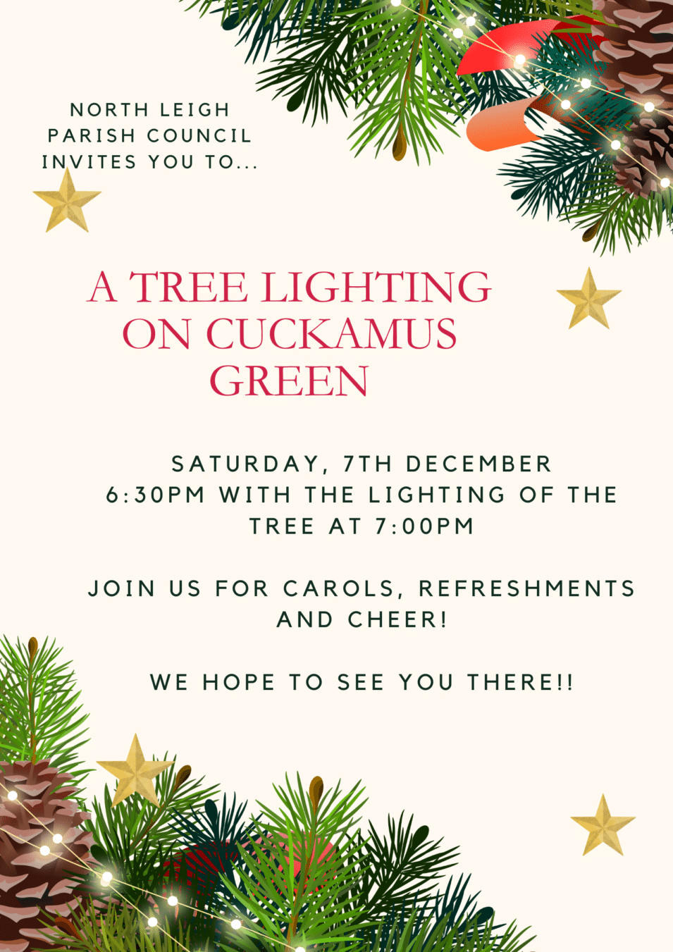 Tree lighting poster 7th December 2024 6:30pm Cuckamus Green North Leigh