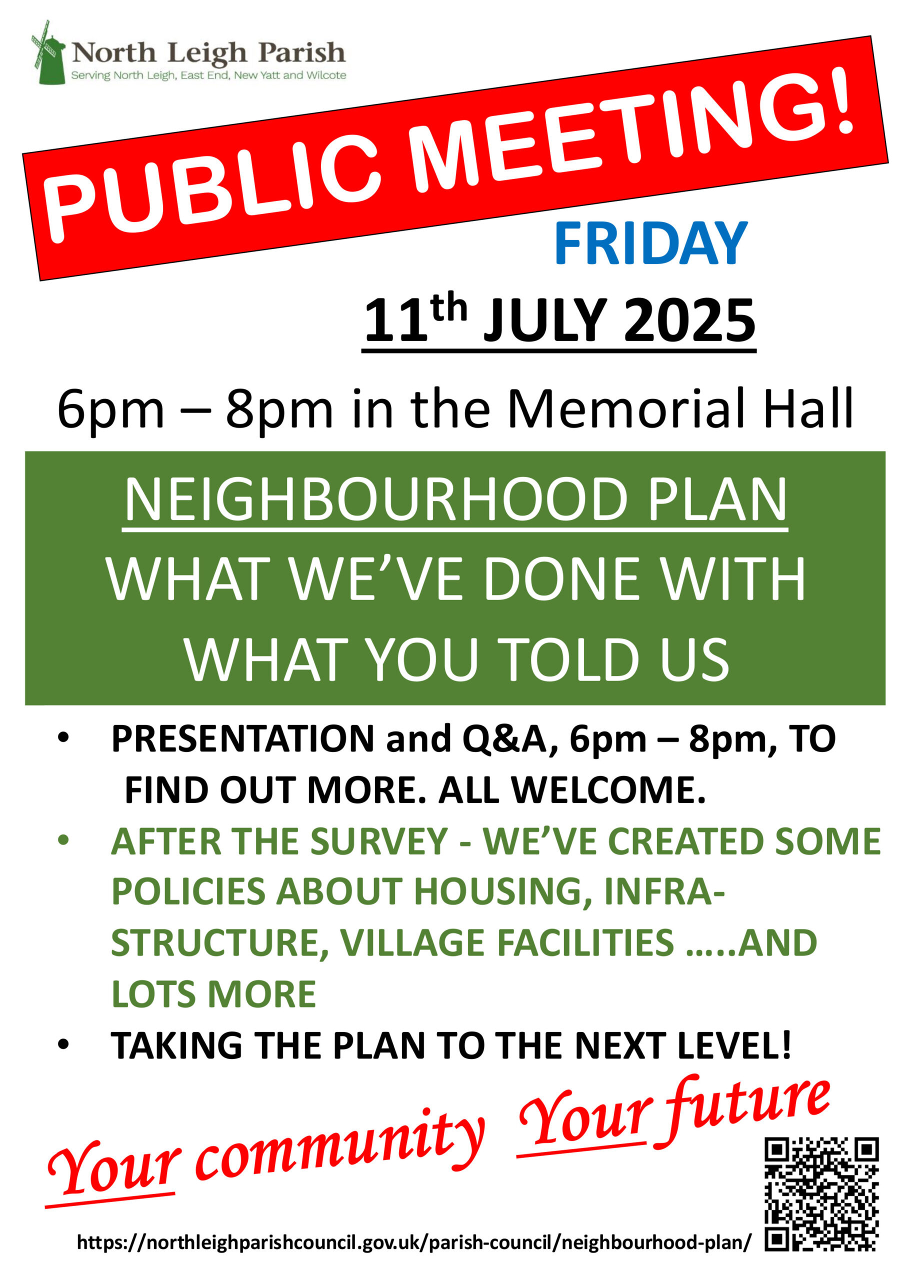 Neighbourhood Plan update meeting flyer 11th July 20245 Memorial Hall 6 to 8pm