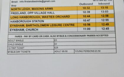 First and Last mile Eynsham timetable as of 2nd May 2026