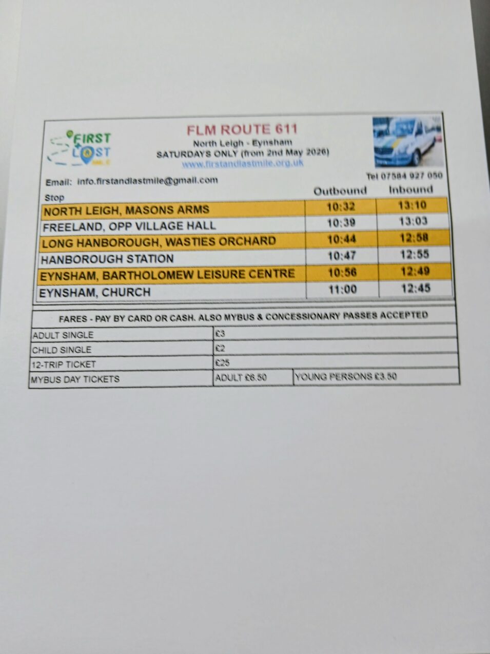 First and Last mile Eynsham timetable as of 2nd May 2026